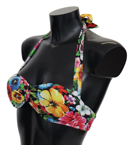 Multicolor floral print Dolce & Gabbana swimwear bikini top with adjustable straps and vibrant design.