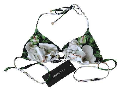 Multicolor floral print halter swimwear bikini top by Dolce & Gabbana with vibrant floral patterns and adjustable straps.
