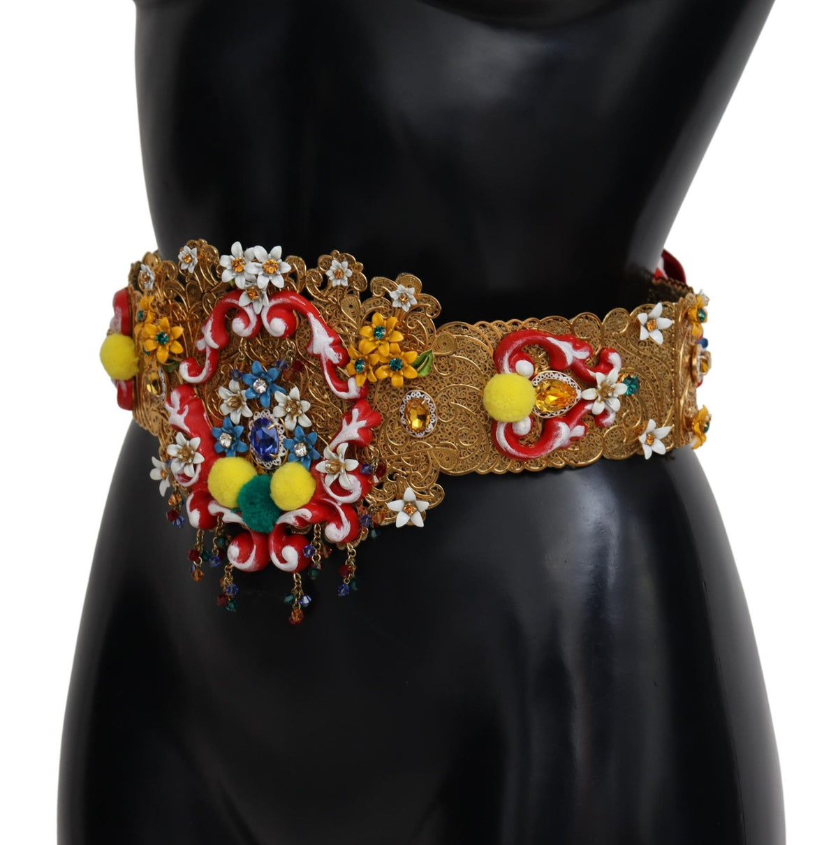 Embellished floral crystal wide waist belt by Dolce & Gabbana with intricate floral and crystal embellishments on black fabric.
