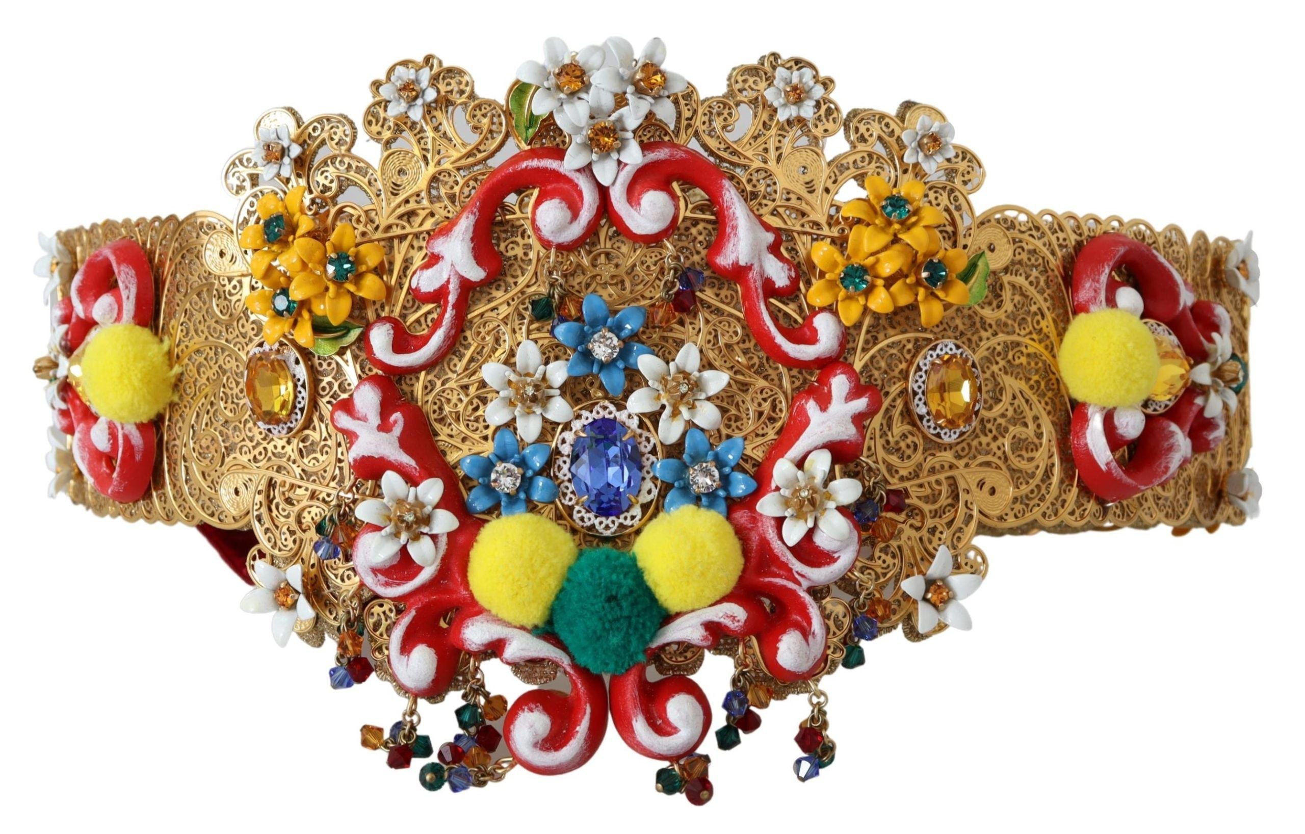 Embellished floral crystal wide waist belt by Dolce & Gabbana with intricate floral details and sparkling crystal accents.