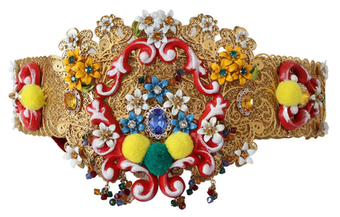 Embellished floral crystal wide waist belt by Dolce & Gabbana with intricate floral details and sparkling crystal accents.