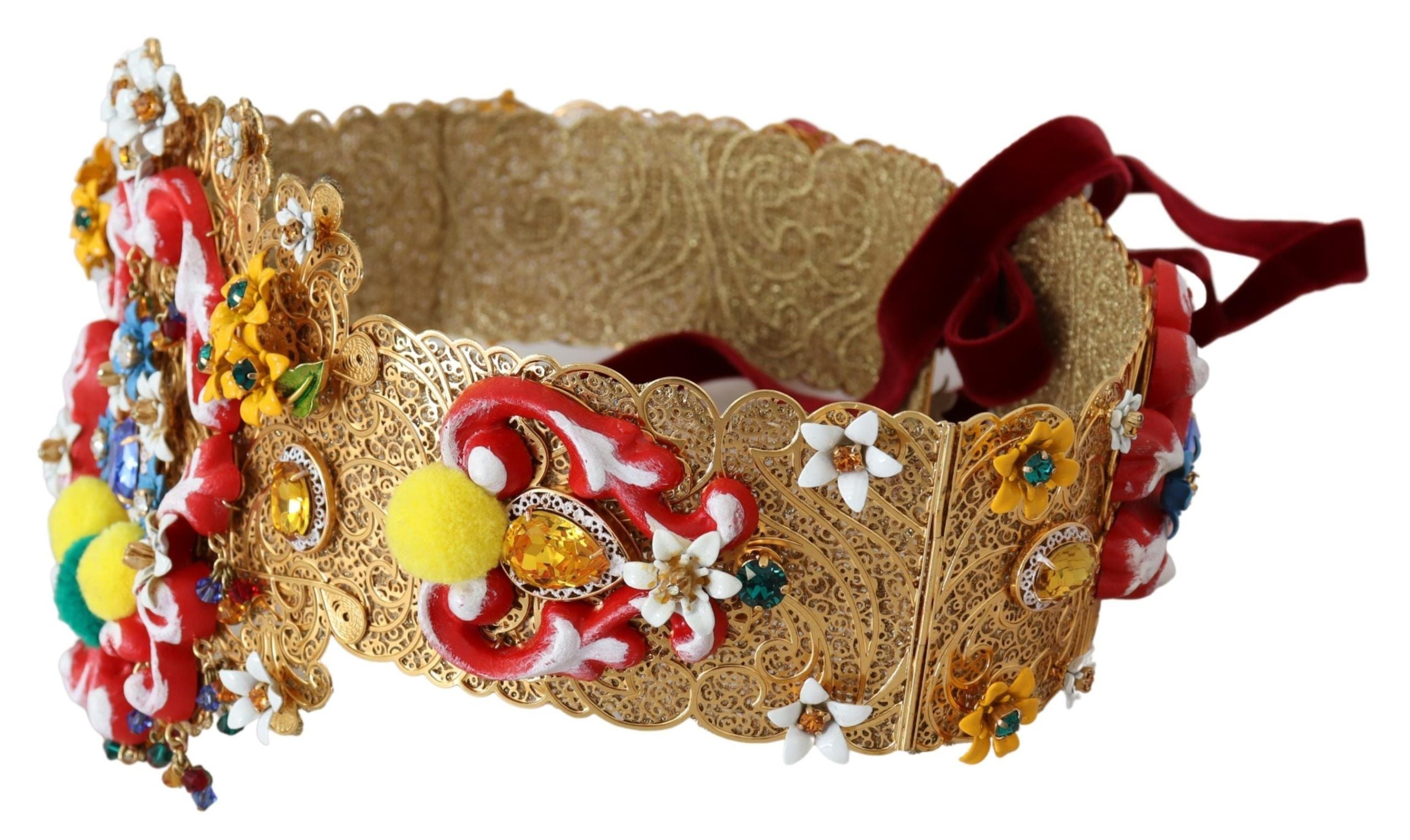Embellished floral crystal wide waist belt by Dolce & Gabbana featuring intricate floral designs and sparkling embellishments.