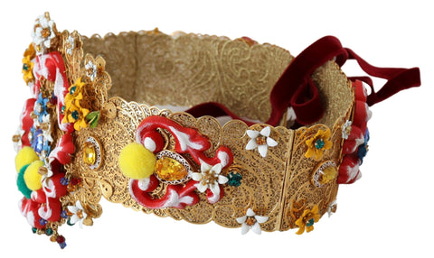 Embellished floral crystal wide waist belt by Dolce & Gabbana featuring intricate floral designs and sparkling embellishments.