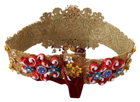 Embellished floral crystal wide waist belt by Dolce & Gabbana featuring intricate floral designs and sparkling crystal accents.