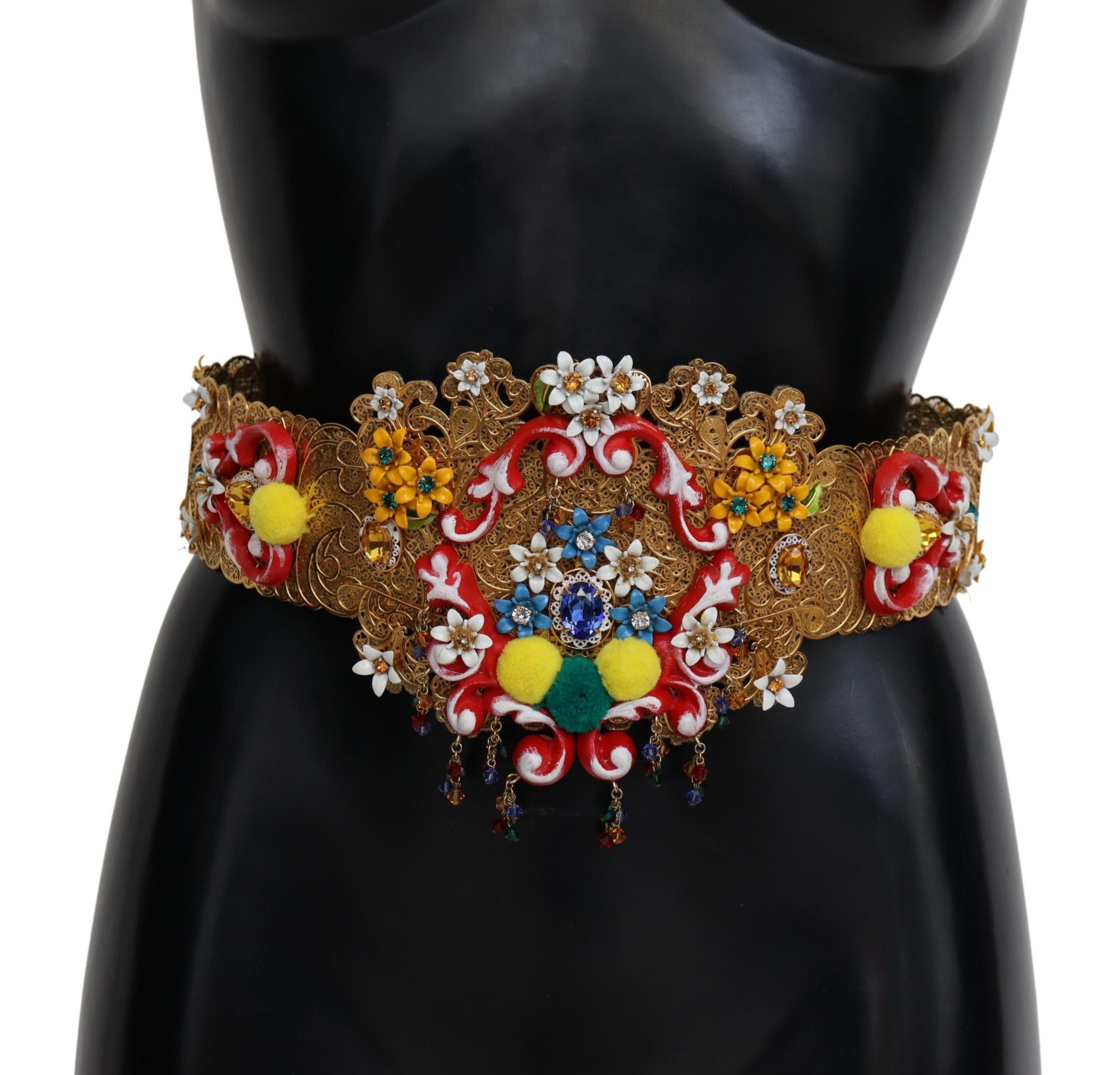 Embellished floral crystal wide waist belt by Dolce & Gabbana, featuring intricate floral designs and sparkling crystal accents.