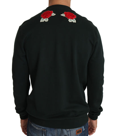 Green crystal heart roses Dolce & Gabbana sweater featuring floral embroidery and textured knit fabric.