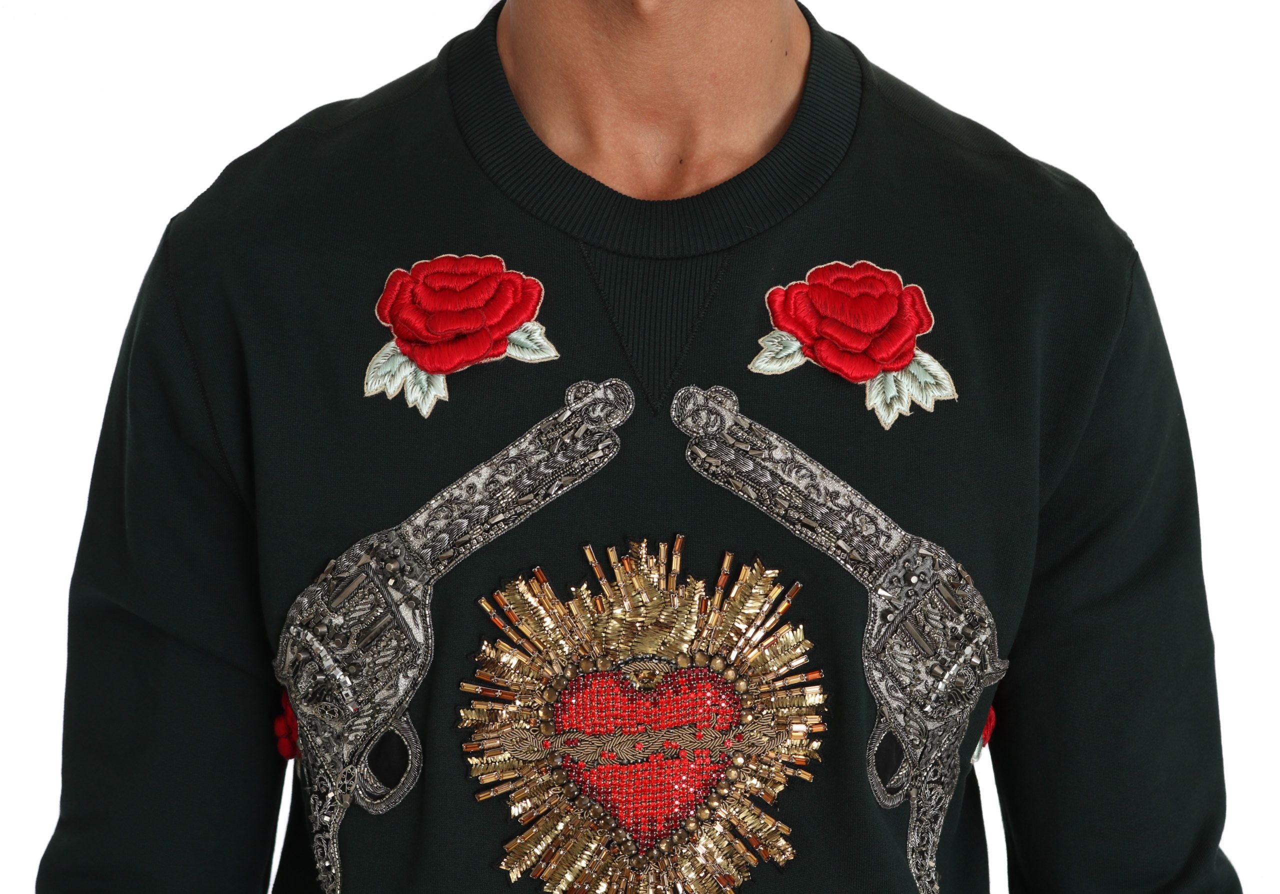 Green crystal heart roses sweater by Dolce & Gabbana, featuring a vibrant green knit with heart-shaped crystal rose embellishments.
