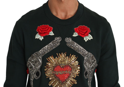 Green crystal heart roses sweater by Dolce & Gabbana, featuring a vibrant green knit with heart-shaped crystal rose embellishments.