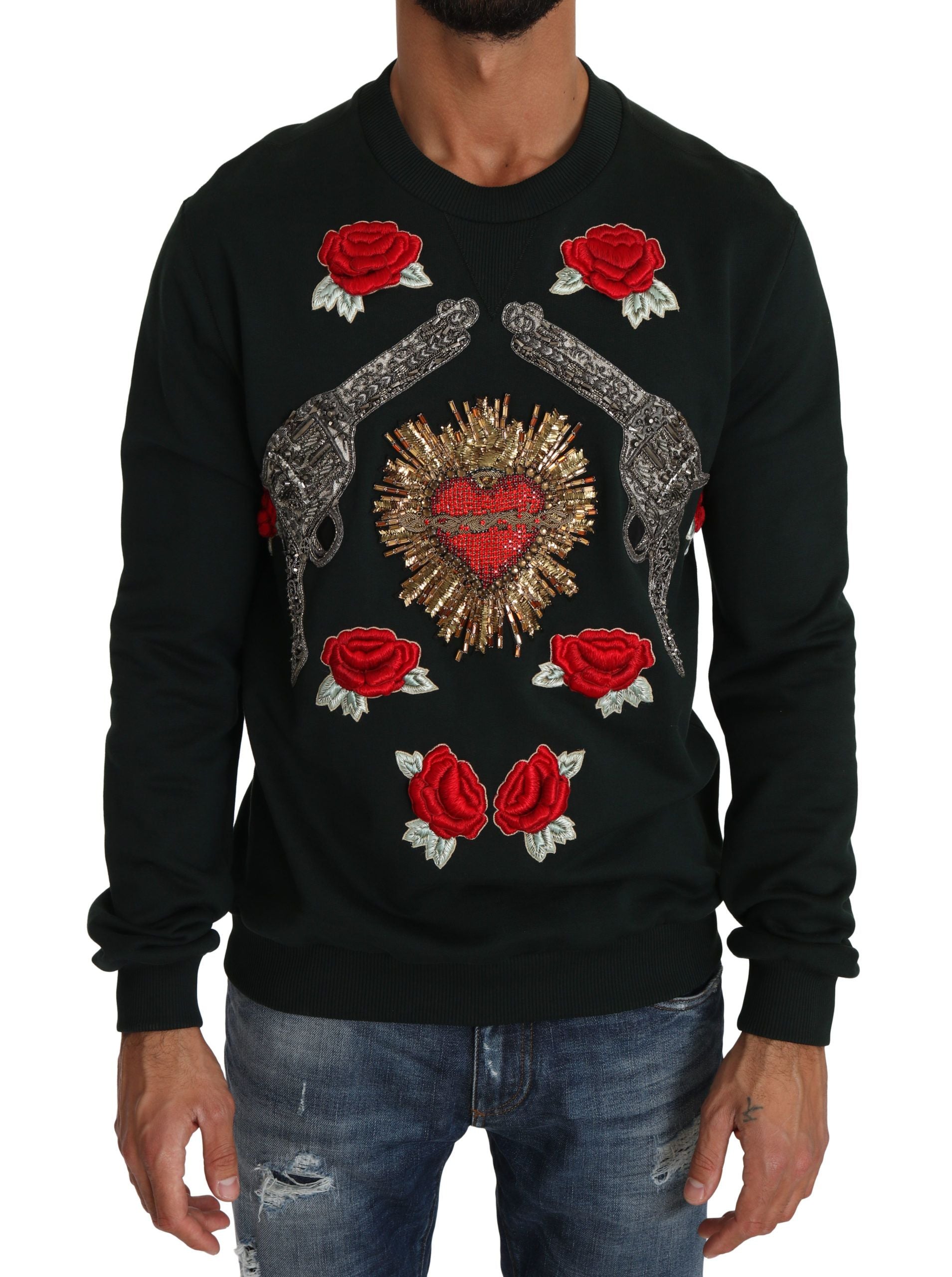 Green crystal heart roses knitted sweater by Dolce & Gabbana, featuring floral pattern and textured knit fabric.