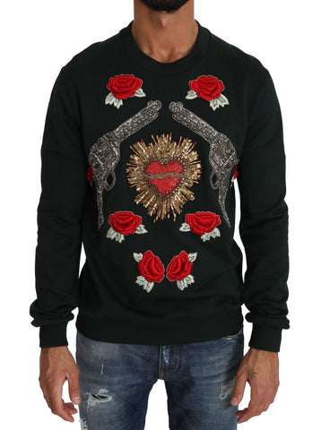 Green crystal heart roses knitted sweater by Dolce & Gabbana, featuring floral pattern and textured knit fabric.