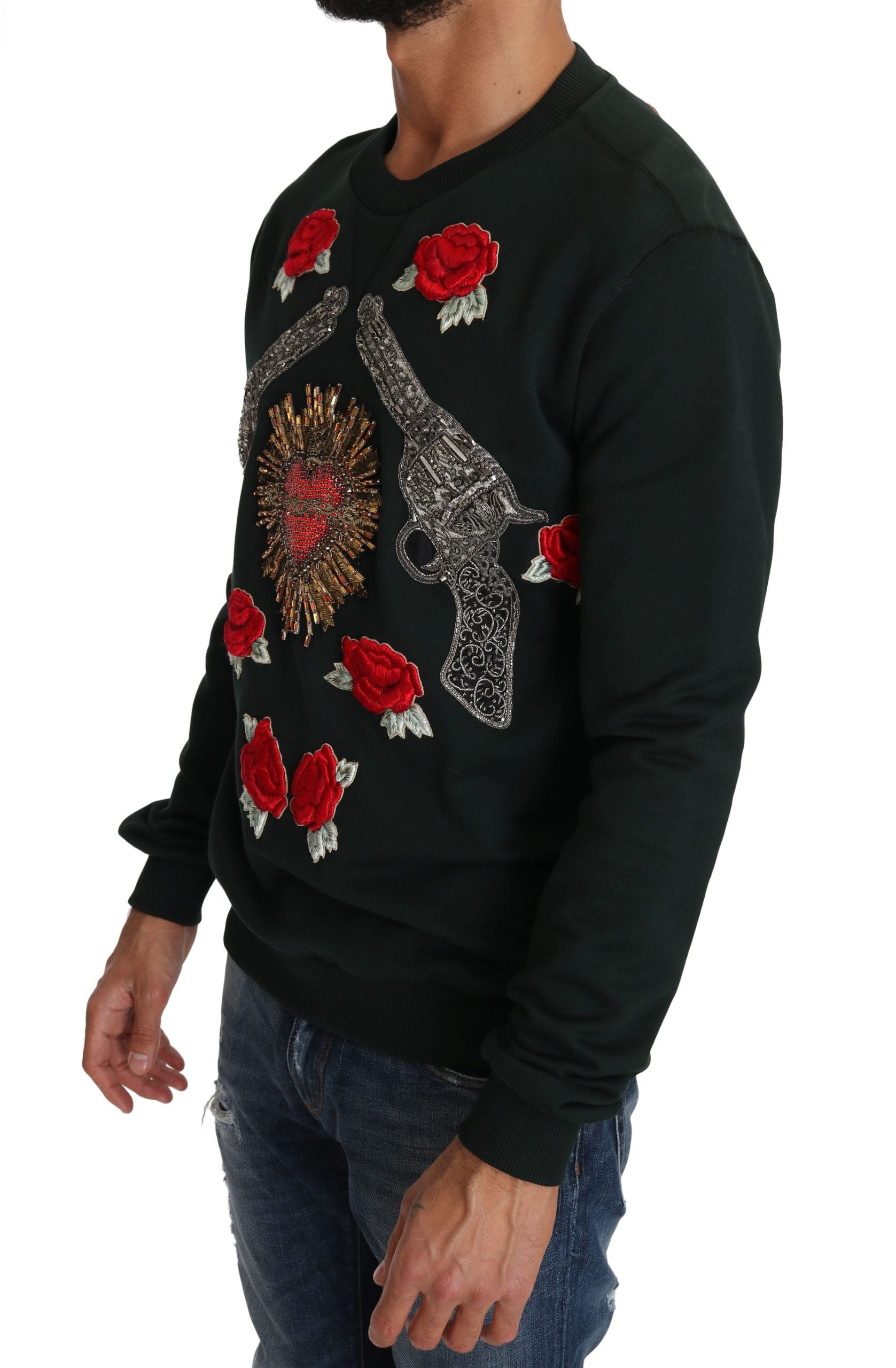 Green crystal heart roses gun sweater by Dolce & Gabbana, featuring detailed floral embroidery and a stylish, textured knit design.