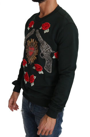 Green crystal heart roses gun sweater by Dolce & Gabbana, featuring detailed floral embroidery and a stylish, textured knit design.