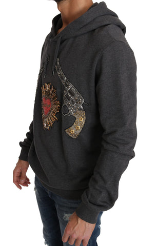 Gray hooded Dolce & Gabbana sweater with red crystal heart and gun embroidery, casual and stylish knitwear for women.
