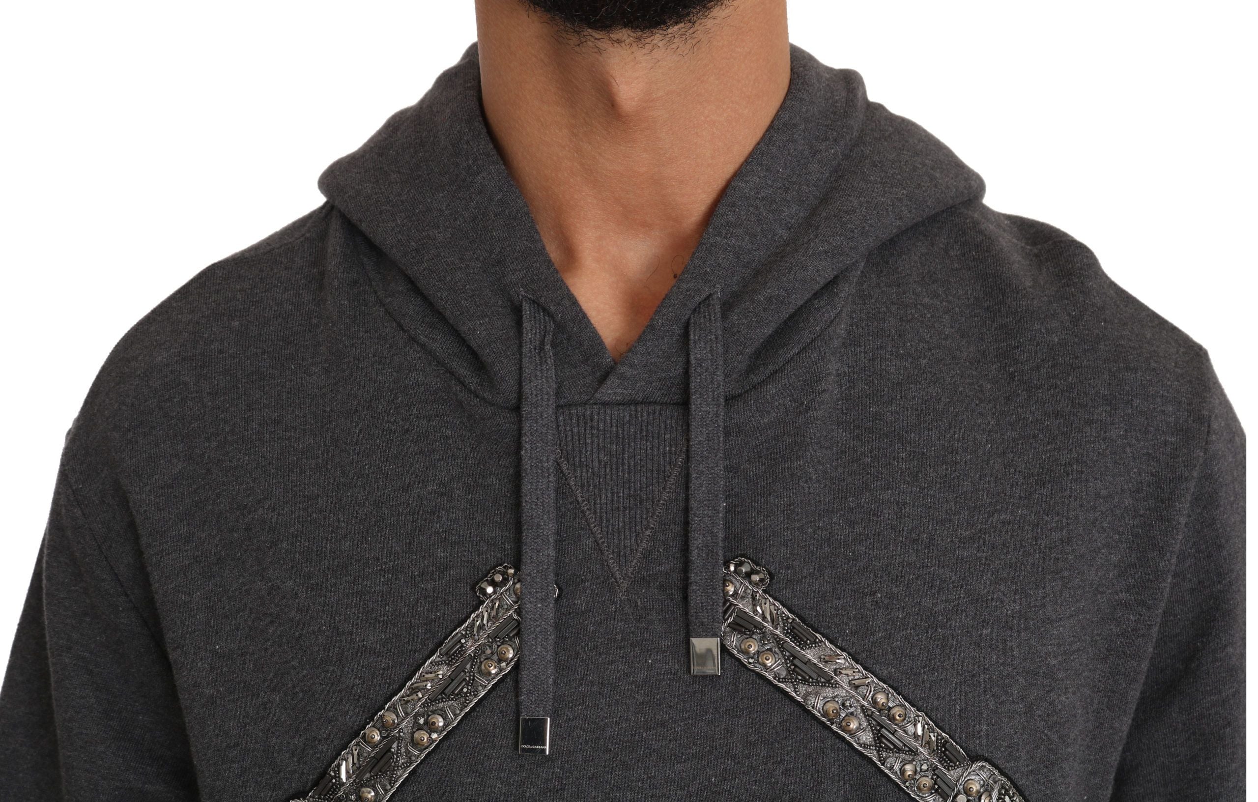 Gray hooded Dolce & Gabbana sweater with red crystal heart and gun embellishments, casual and stylish women's knitwear.