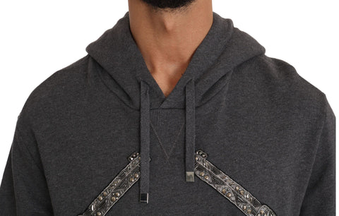 Gray hooded Dolce & Gabbana sweater with red crystal heart and gun embellishments, casual and stylish women's knitwear.