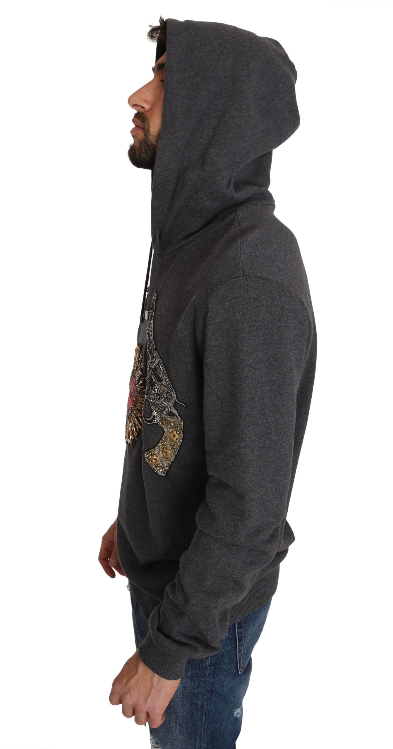 Gray hooded sweater with red crystal heart and gun design by Dolce & Gabbana, featuring a cozy fit and stylish details.