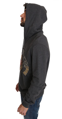 Gray hooded sweater with red crystal heart and gun design by Dolce & Gabbana, featuring a cozy fit and stylish details.