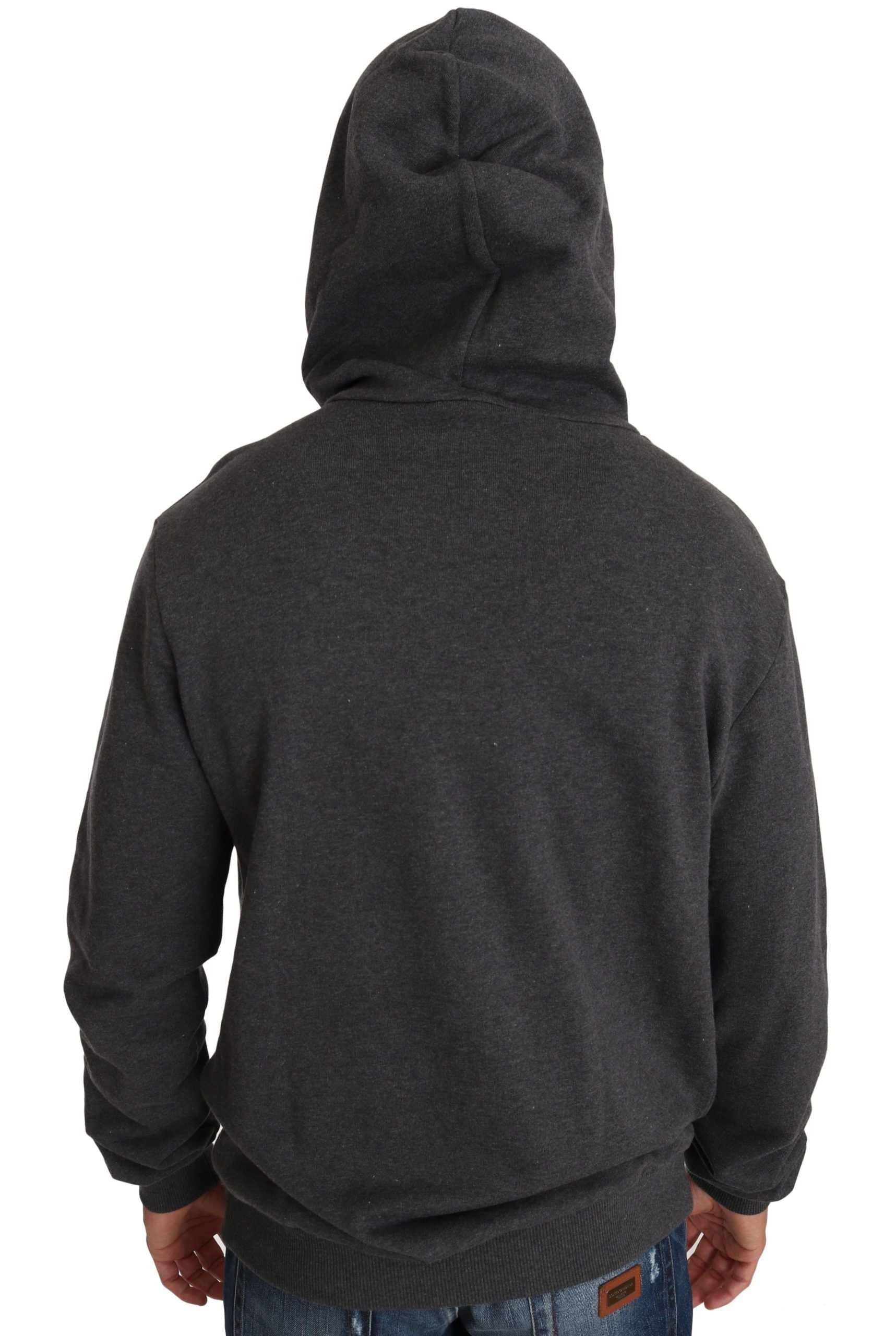 Gray hooded Dolce & Gabbana sweater featuring red crystal heart and gun embroidery, casual and stylish knitwear for women.