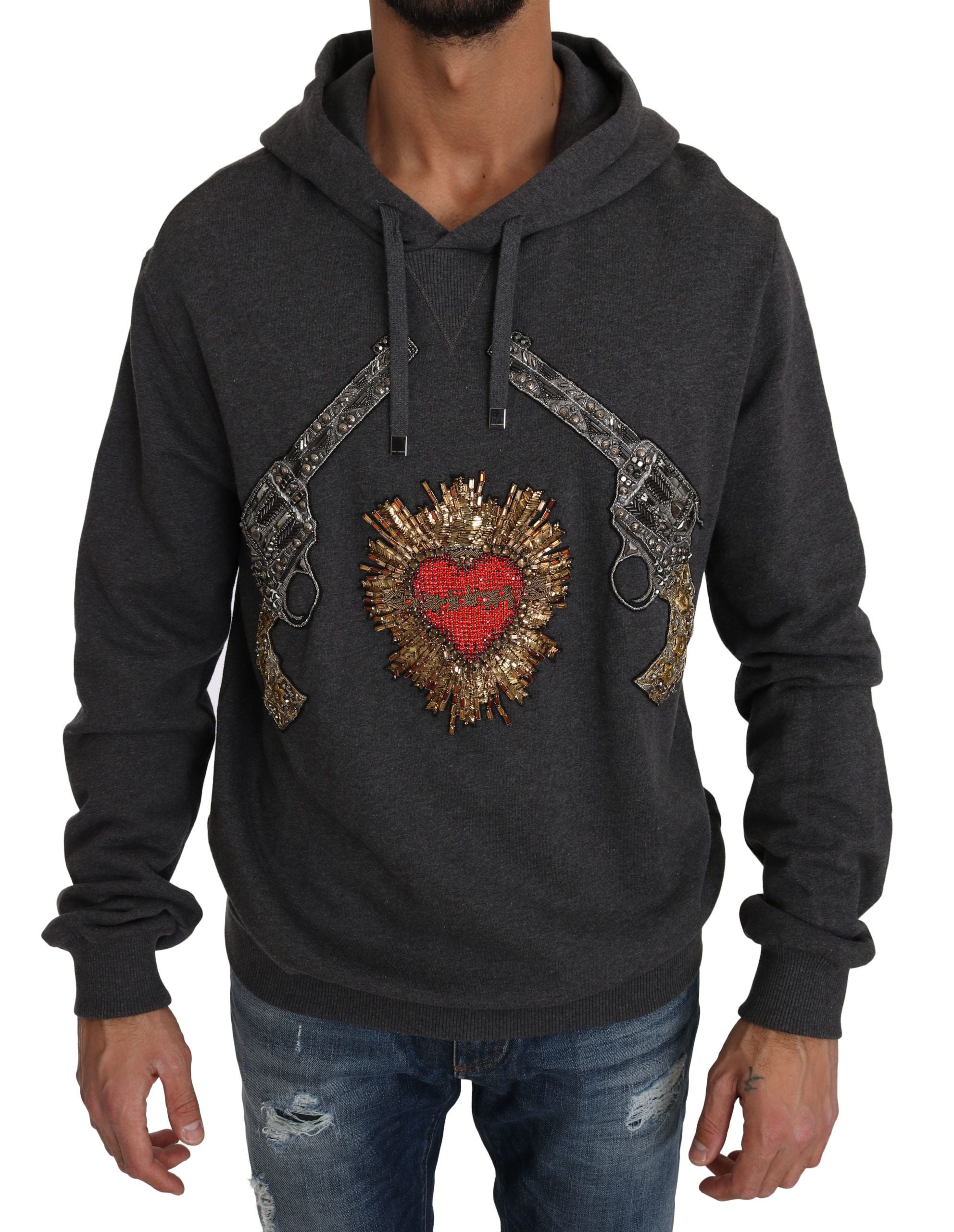 Gray hooded Dolce & Gabbana sweater with red crystal heart and gun embroidery, featuring a casual, stylish design.