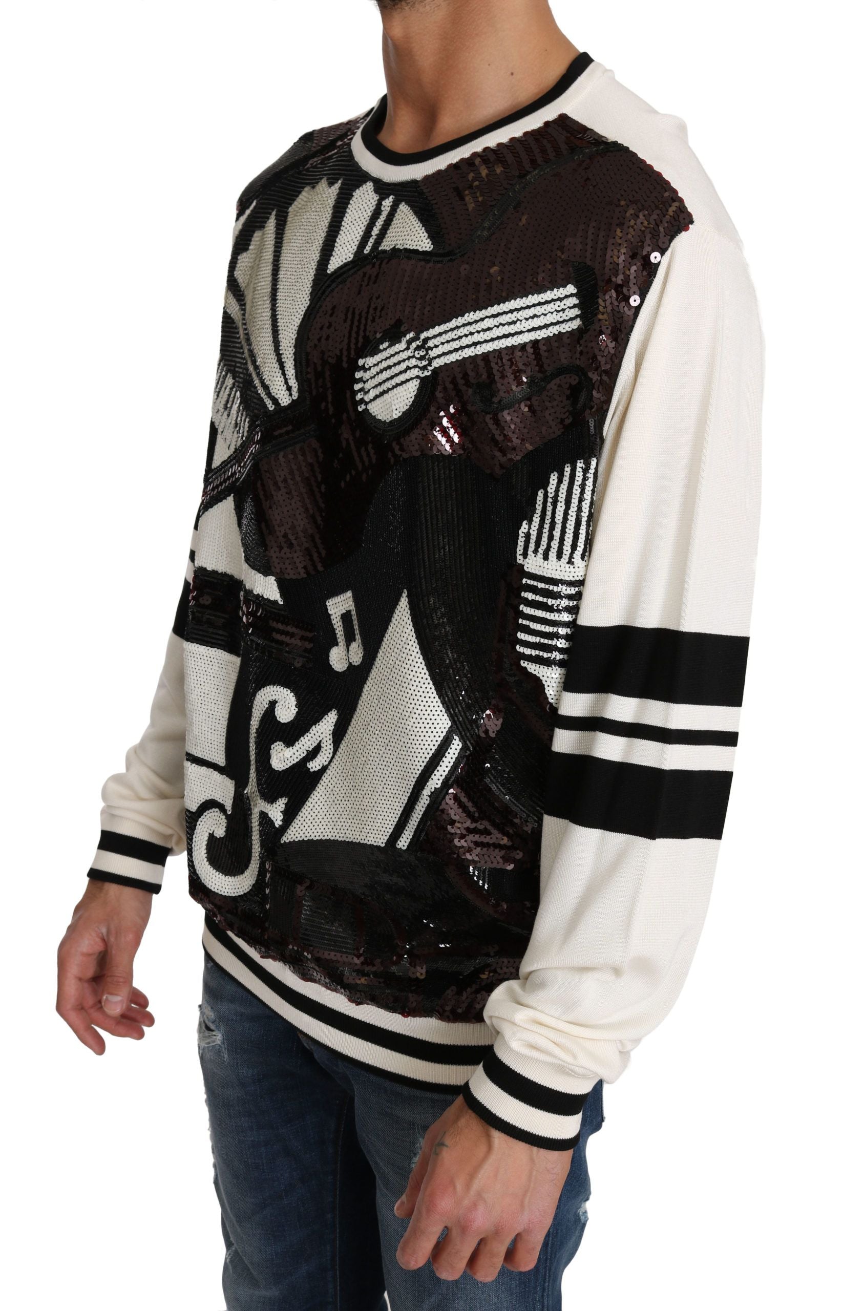 White sequined guitar print pullover sweater by Dolce & Gabbana with a relaxed fit and ribbed cuffs and hem.