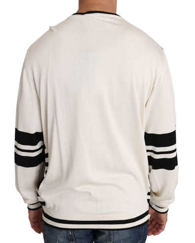White sequined guitar print Dolce & Gabbana pullover sweater, stylish long-sleeve top with jazz-themed design