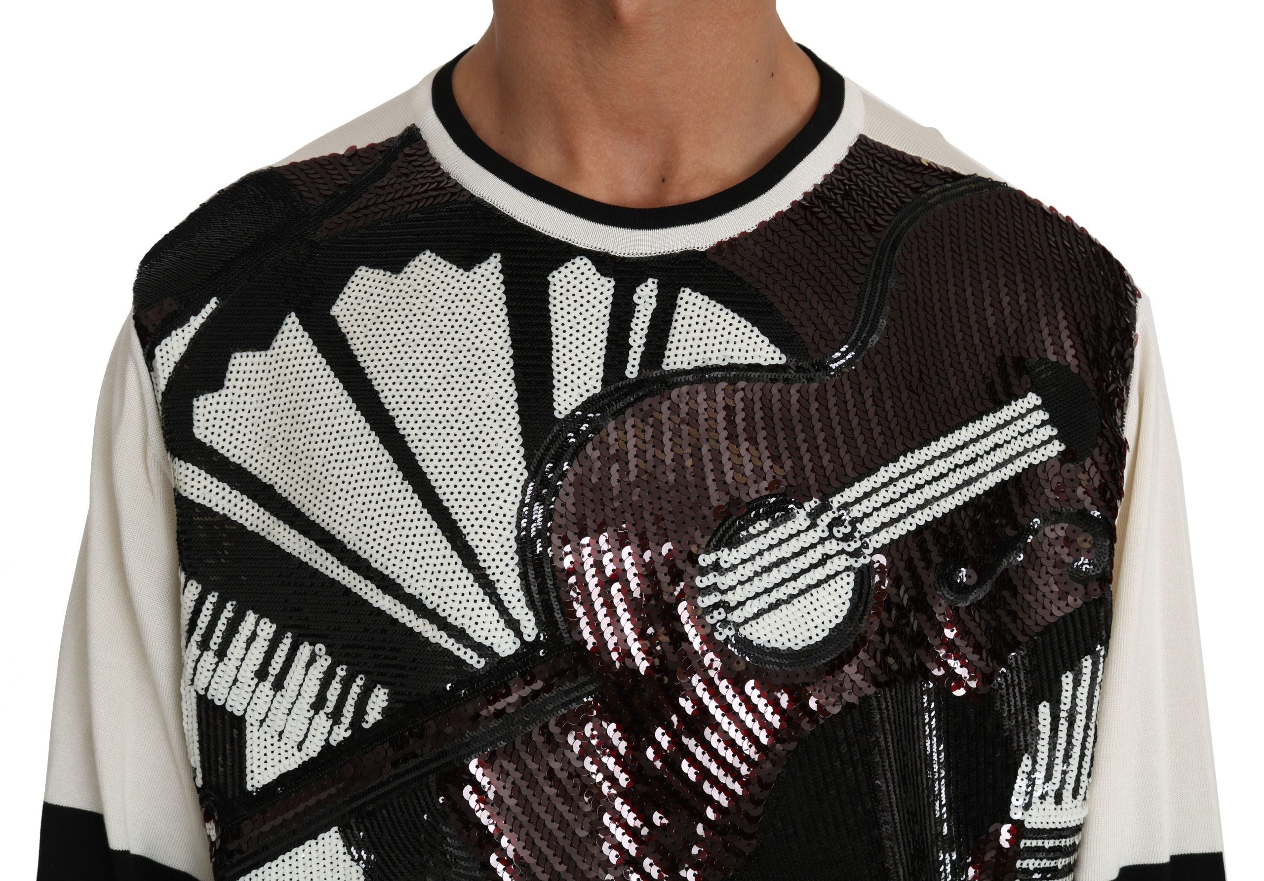 White jazz sequined guitar pullover sweater by Dolce & Gabbana, featuring a sparkling guitar design on a cozy knit top.