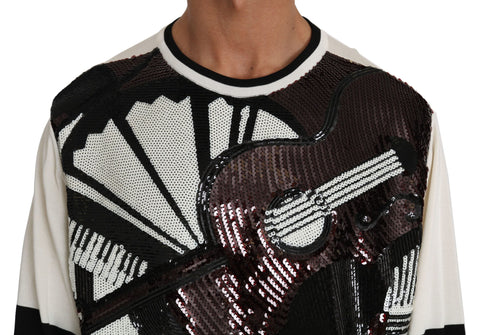 White jazz sequined guitar pullover sweater by Dolce & Gabbana, featuring a sparkling guitar design on a cozy knit top.