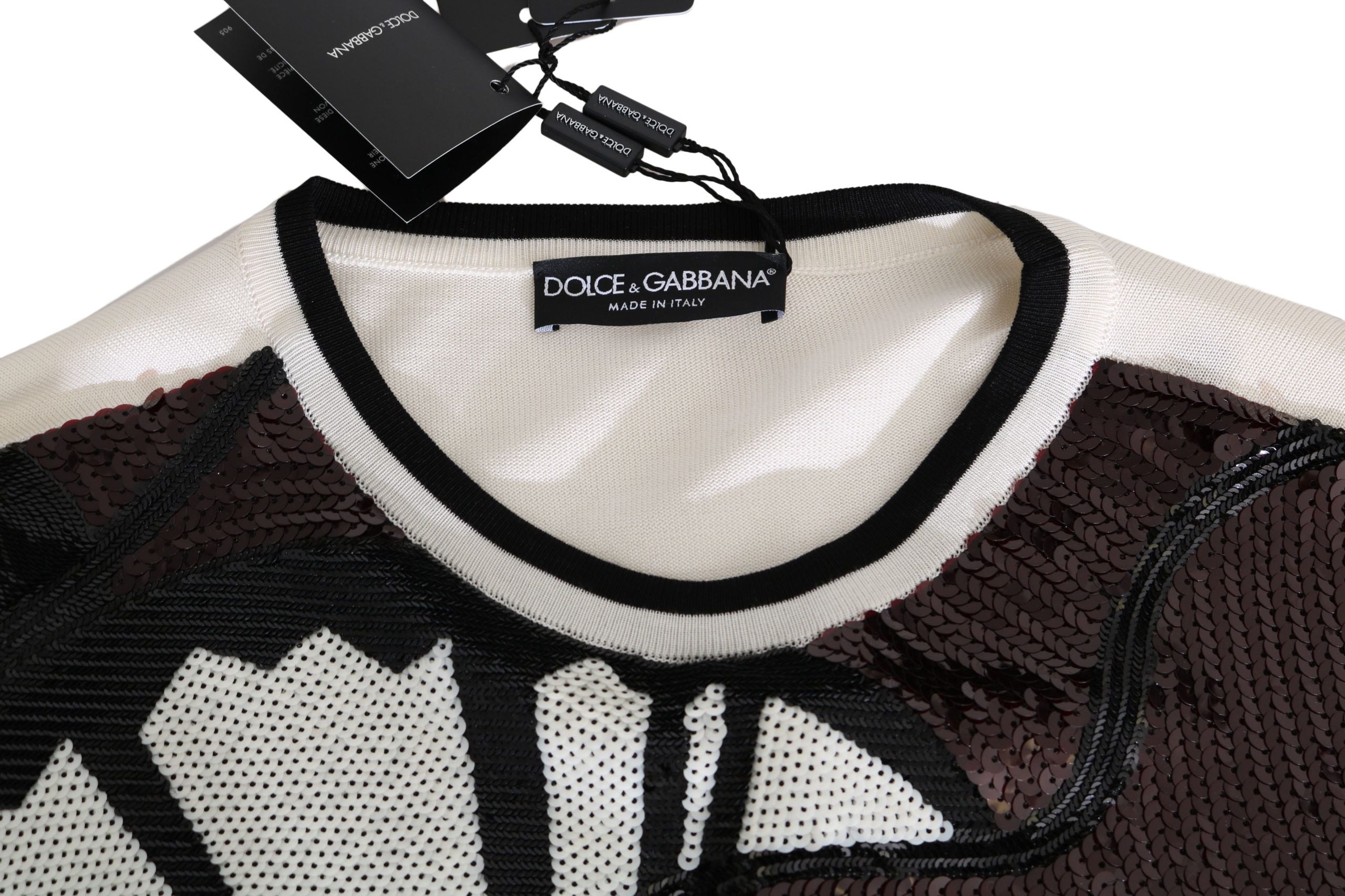 White jazz sequined guitar pullover sweater by Dolce & Gabbana, featuring a sparkly guitar design on a cozy knit top.