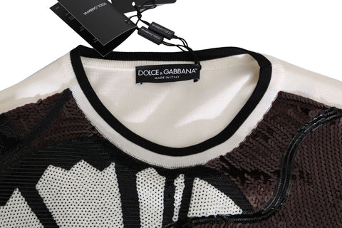 White jazz sequined guitar pullover sweater by Dolce & Gabbana, featuring a sparkly guitar design on a cozy knit top.