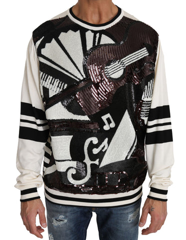 White sequined guitar pullover top sweater by Dolce & Gabbana featuring sparkling embellishments and a casual fit.
