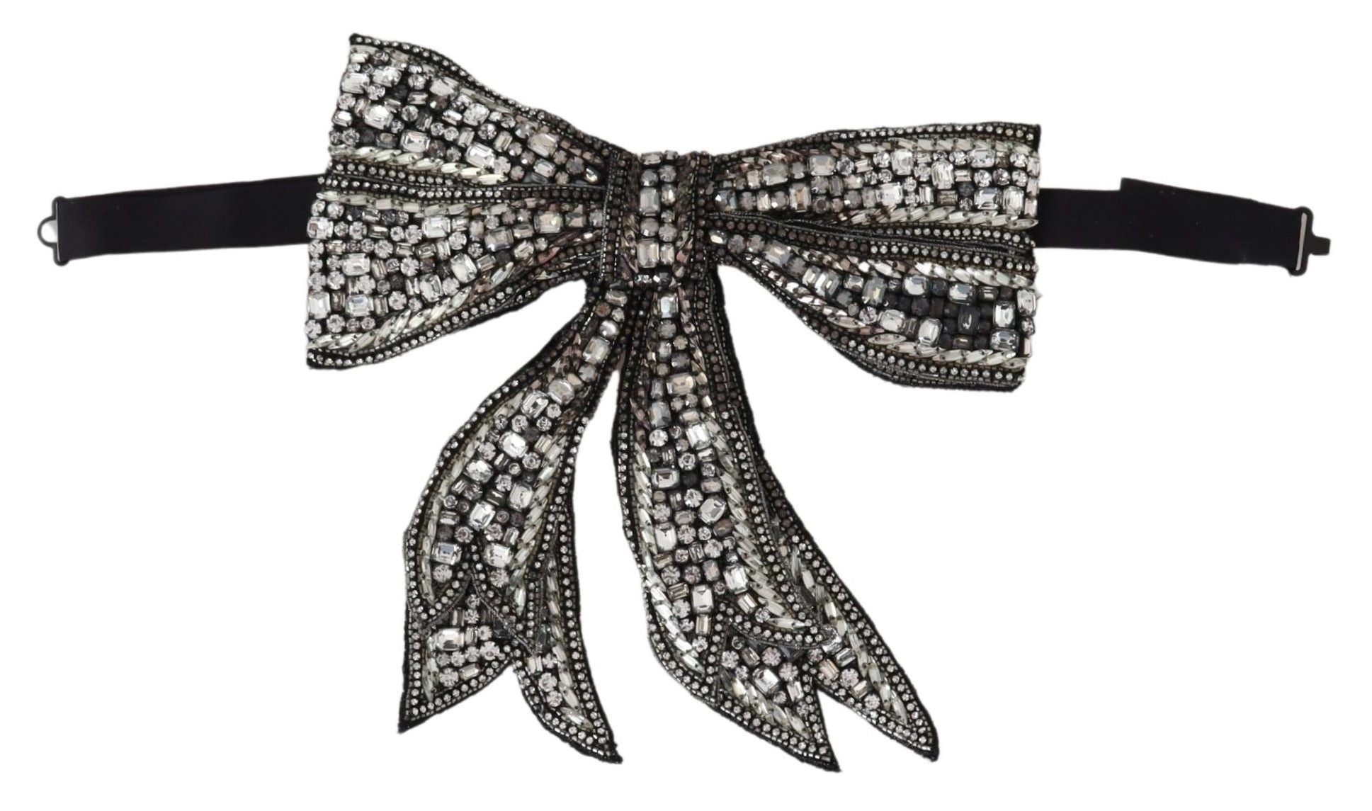 Silver crystal beaded sequined catwalk necklace with bowtie detail by Dolce & Gabbana, featuring intricate beading and shimmering embellishments.