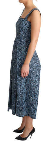 Blue heart print cotton A-line stretch dress by Dolce & Gabbana, showing the fitted bodice and flowing skirt.