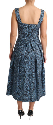 Blue heart-patterned cotton A-line stretch dress by Dolce & Gabbana, featuring a fitted waist and elegant design.
