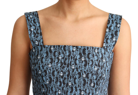 Blue heart print cotton A-line stretch dress by Dolce & Gabbana with a fitted waist and flowing skirt.