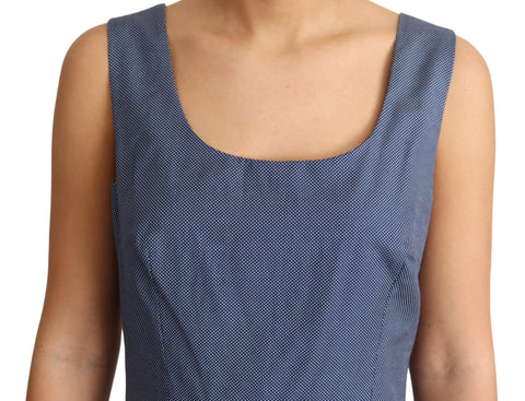 Blue polka dot cotton A-line stretch dress by Dolce & Gabbana, shown on a model with a fitted waist and flared skirt.
