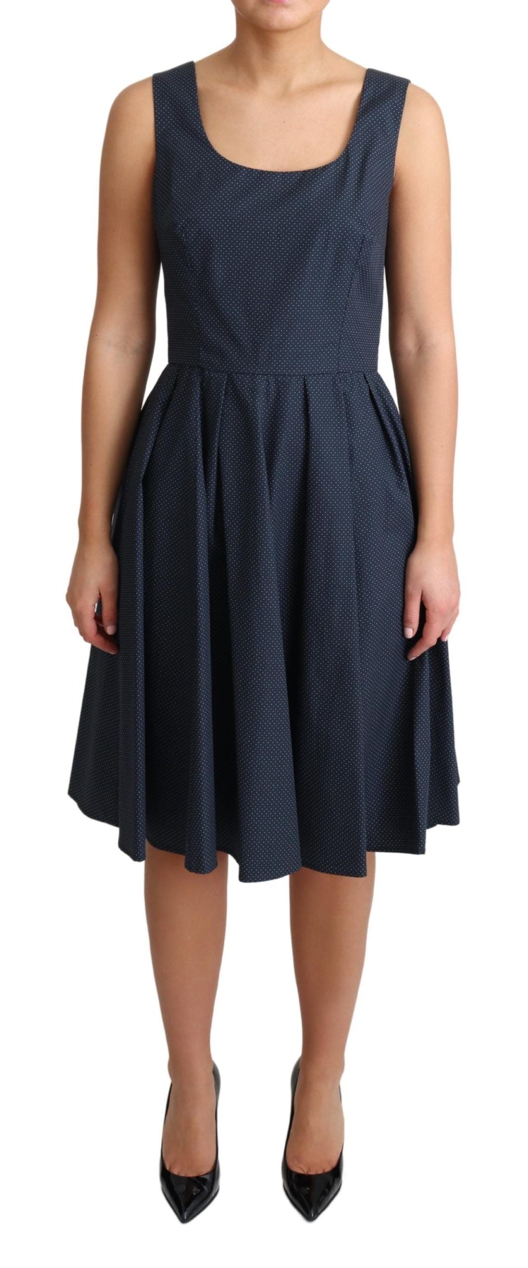 Blue polka dotted cotton A-line dress by Dolce & Gabbana, featuring a classic fit and playful polka dot pattern.