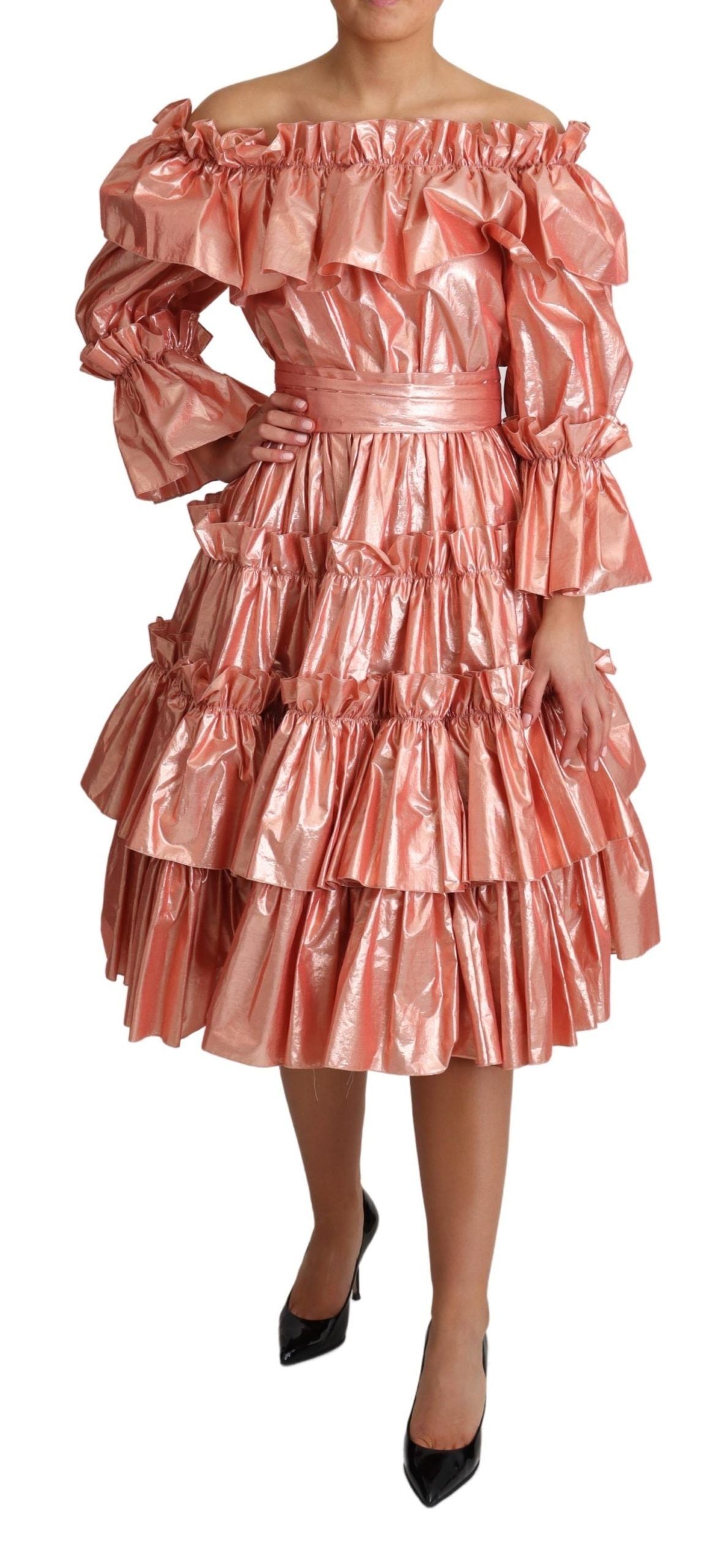 Pink silk and cotton ruffled gown dress by Dolce & Gabbana, featuring flowing fabric and elegant ruffle details.