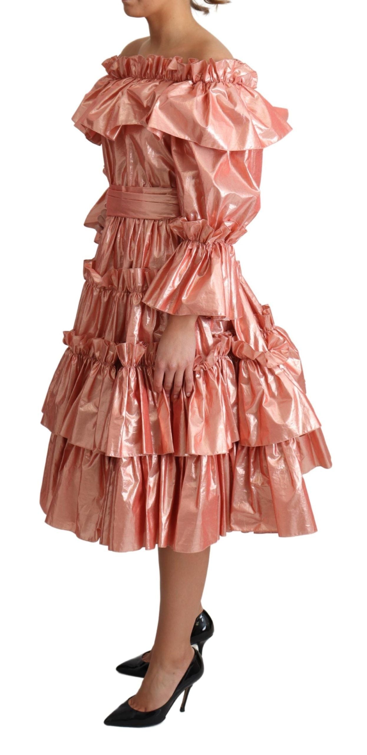 Pink ruffled silk cotton gown dress by Dolce & Gabbana, featuring delicate ruffles and a flowing silhouette.