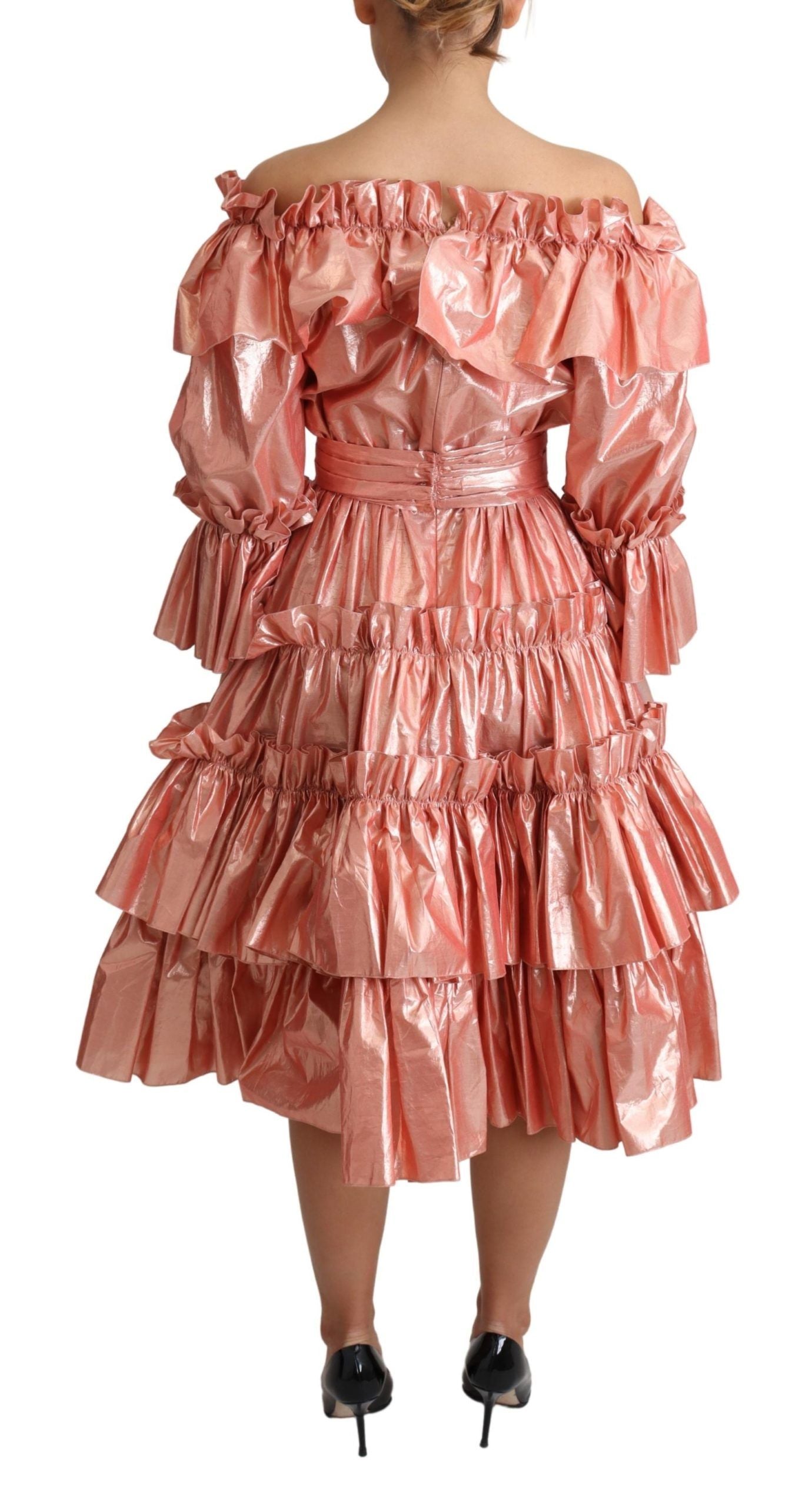 Pink silk and cotton ruffled gown dress by Dolce & Gabbana, featuring flowing fabric and elegant ruffle details.