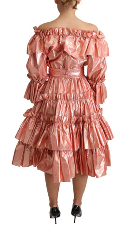 Pink silk and cotton ruffled gown dress by Dolce & Gabbana, featuring flowing fabric and elegant ruffle details.