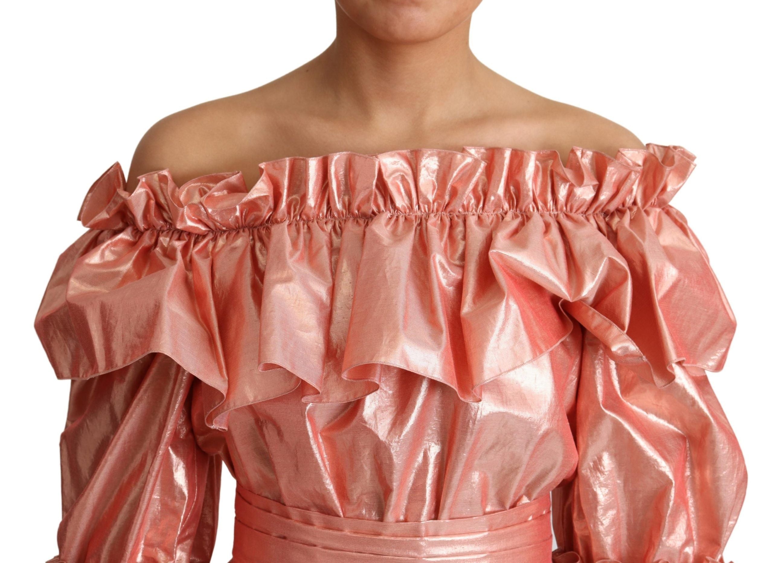 Pink silk cotton ruffled gown dress by Dolce & Gabbana, featuring flowing fabric and elegant ruffle details.