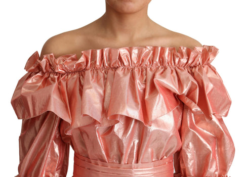 Pink silk cotton ruffled gown dress by Dolce & Gabbana, featuring flowing fabric and elegant ruffle details.