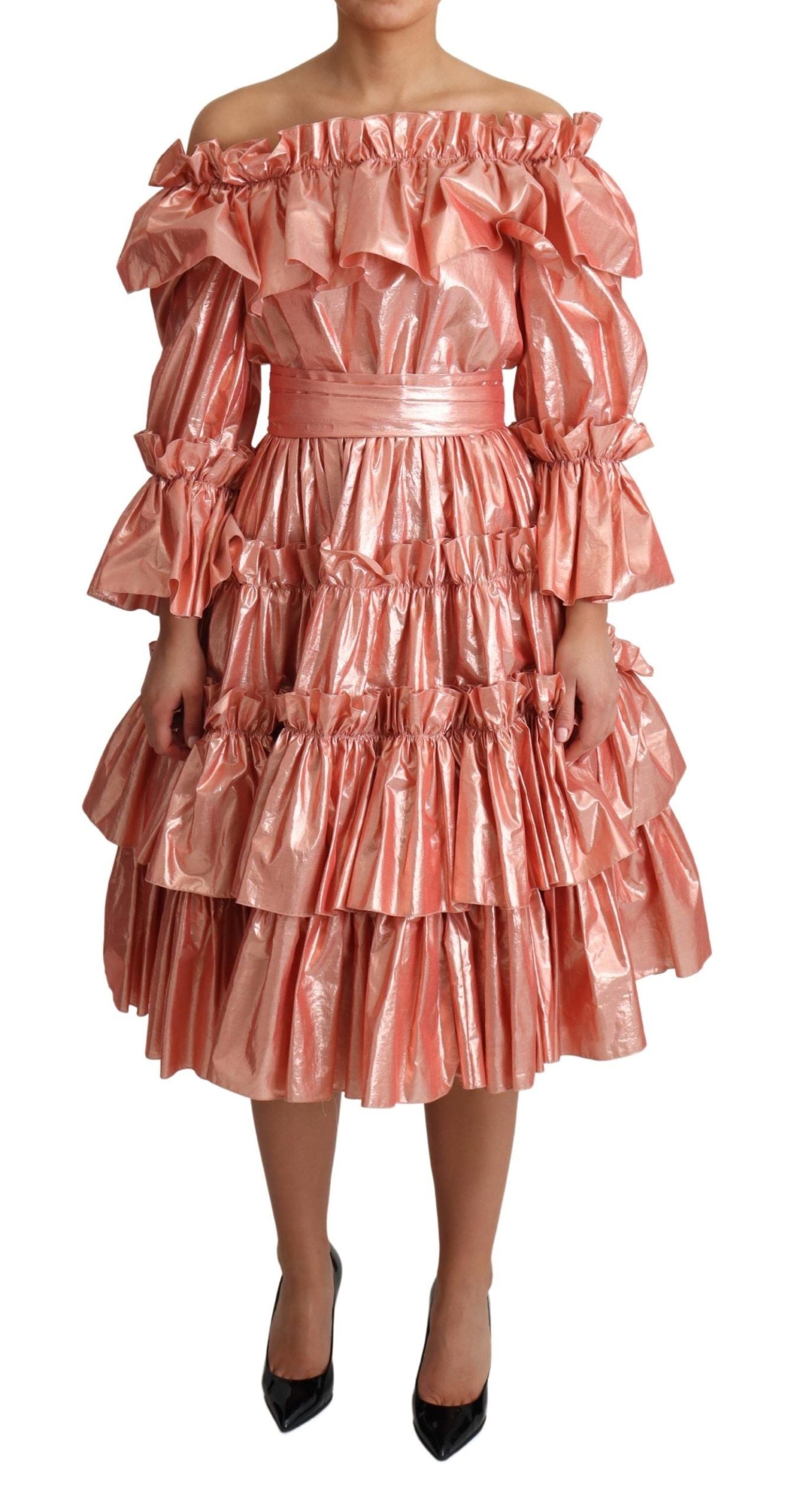 Pink ruffled silk cotton gown dress by Dolce & Gabbana, featuring elegant ruffles and a flowing silhouette.