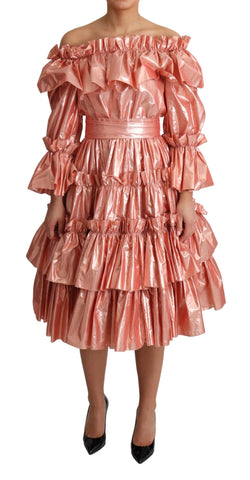 Pink ruffled silk cotton gown dress by Dolce & Gabbana, featuring elegant ruffles and a flowing silhouette.