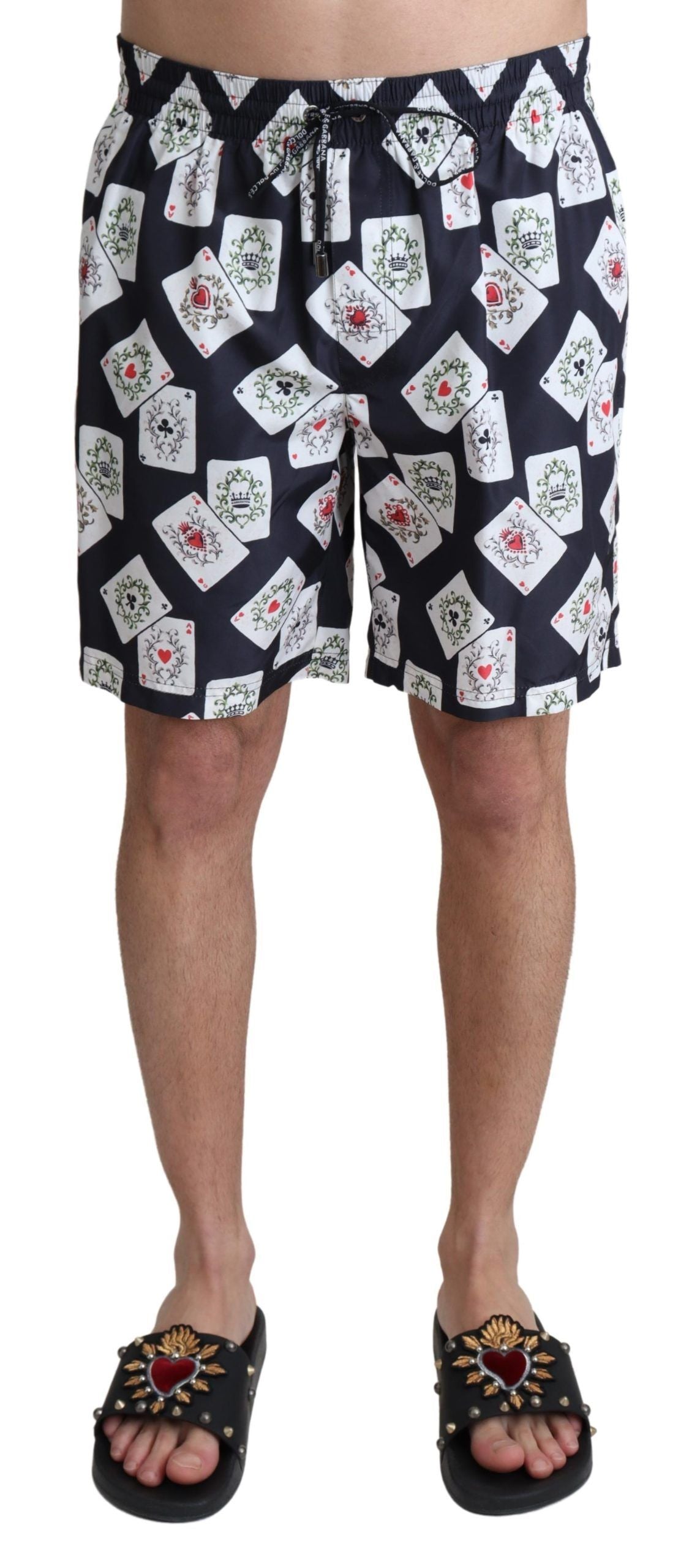 Dolce & Gabbana black card deck print beachwear swimshorts with vibrant pattern, suitable for swimming and beachwear.