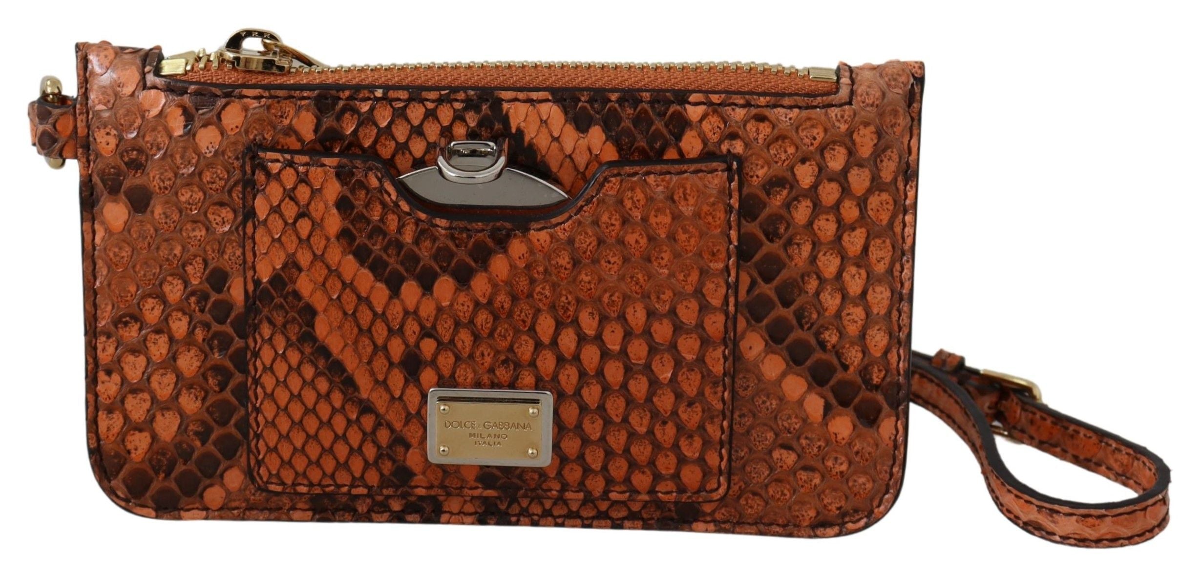 Brown leather coin purse wristlet with mirror from Dolce & Gabbana, featuring a compact design and stylish Agnese wallet details.
