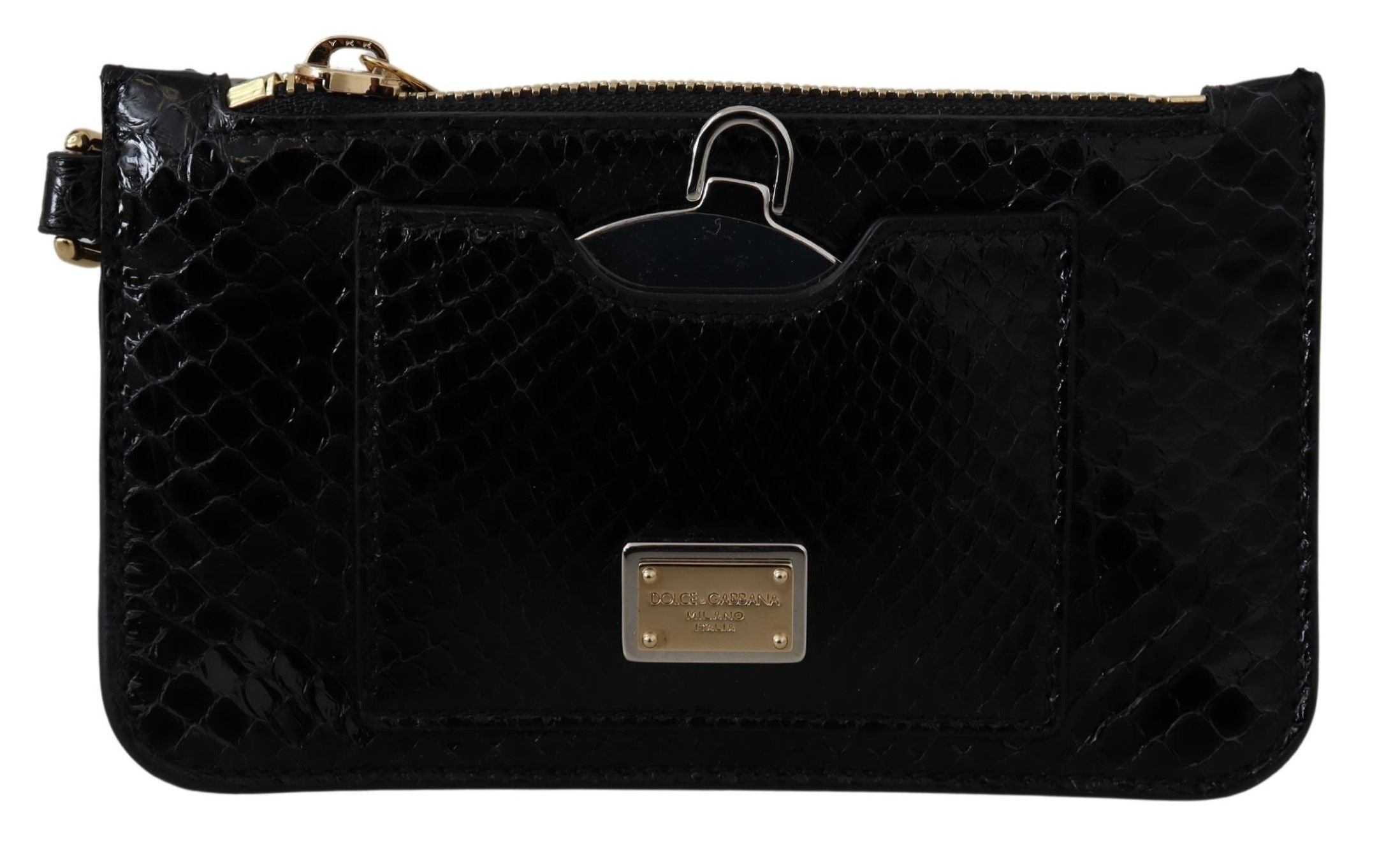 Black leather coin purse wristlet with mirror from Dolce & Gabbana, featuring compact design and Agnese wallet style.
