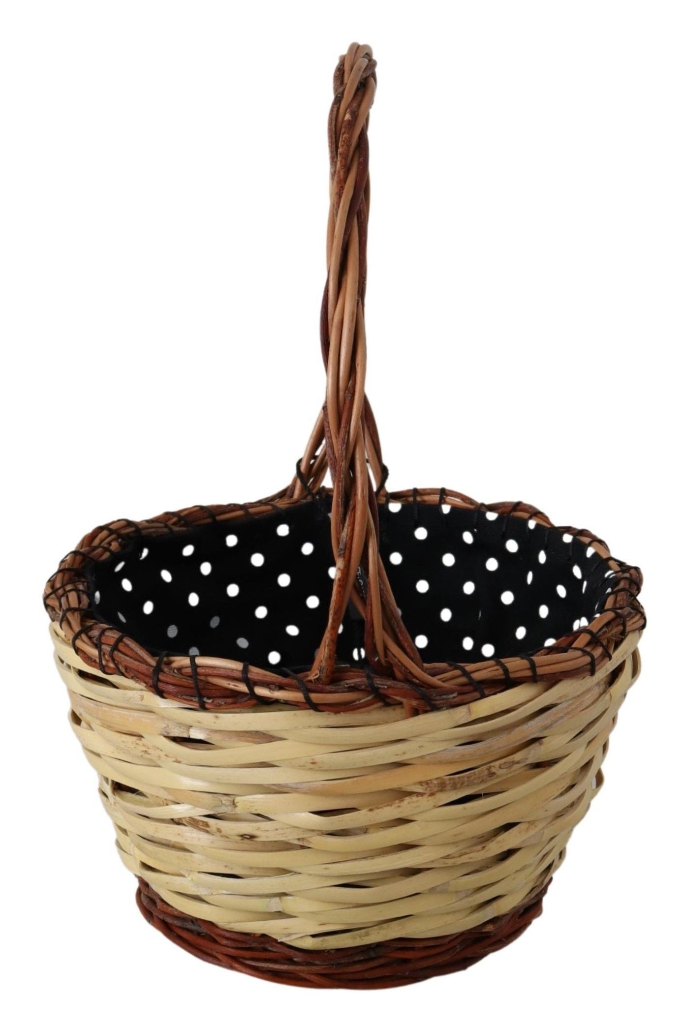 Beige wood wicker rattan tote bag with leather handles, stylish Dolce & Gabbana wicker basket for casual or beach use