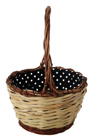 Beige wood wicker rattan tote bag with leather handles, stylish Dolce & Gabbana wicker basket for casual or beach use