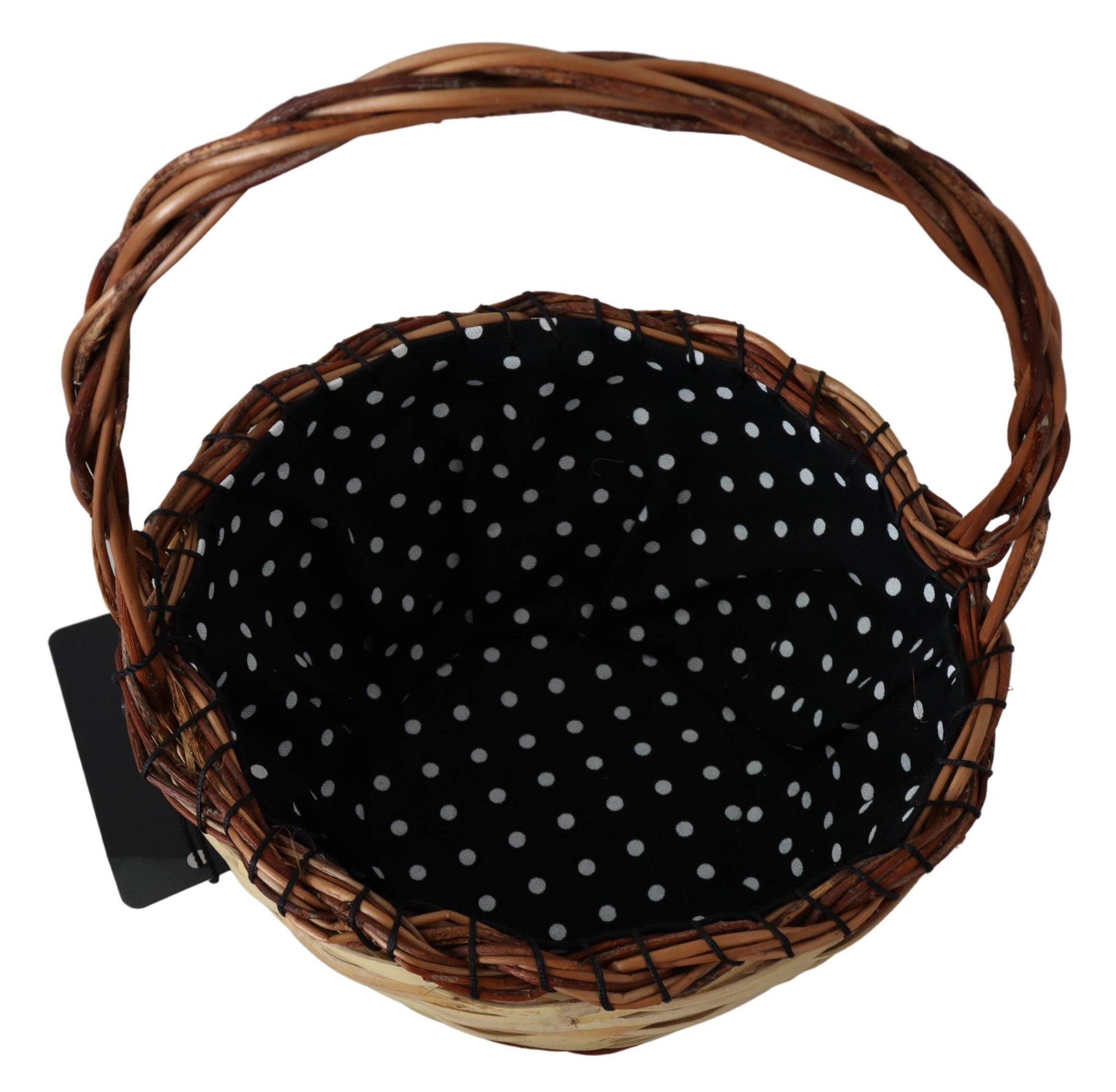 Beige wood and wicker rattan tote bag with leather handles, stylish Dolce & Gabbana accessory for casual or summer outings.